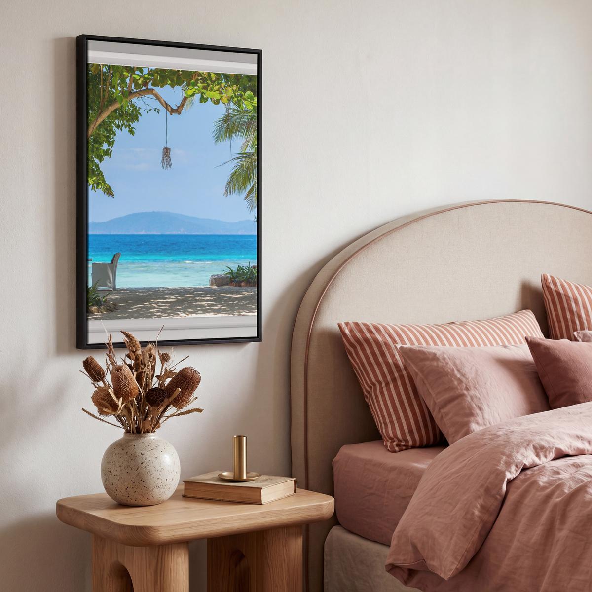 LEINWAND Bilder mit Rahmen - Aussicht - Baum - Meer - Palme - Hügel - Strand - Blau - 40x60 - Blau, Textil (40/60cm) - MuchoWow