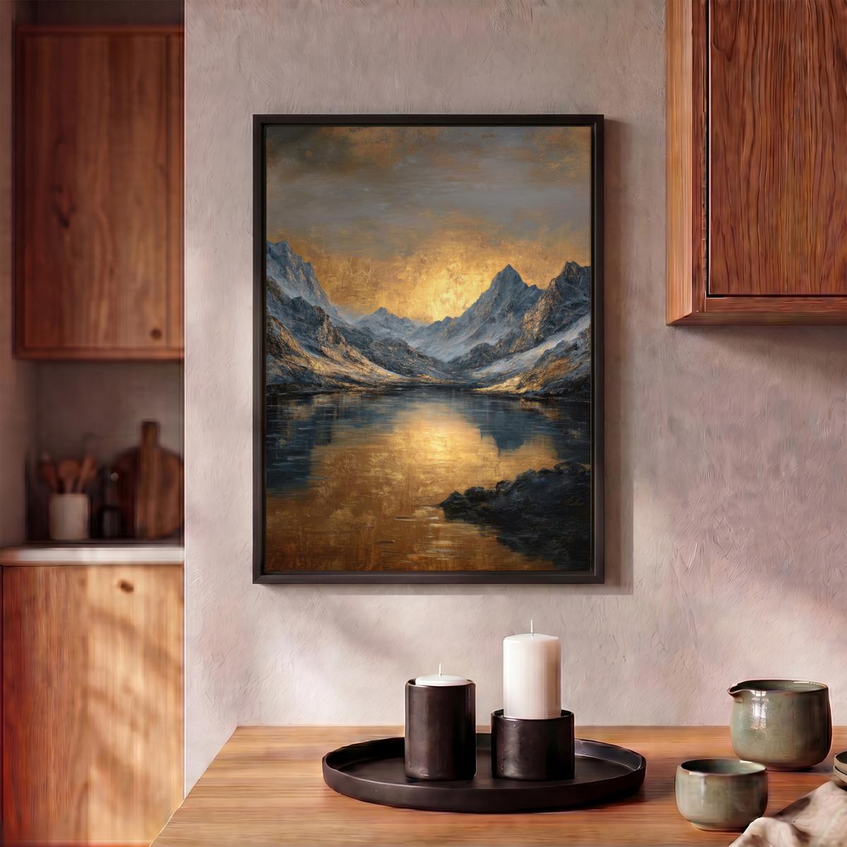 LEINWAND Bilder mit Rahmen - Bergkulisse mit goldenem Sonnenuntergang - 30x40 - Goldfarben, Textil (30/40cm) - MuchoWow