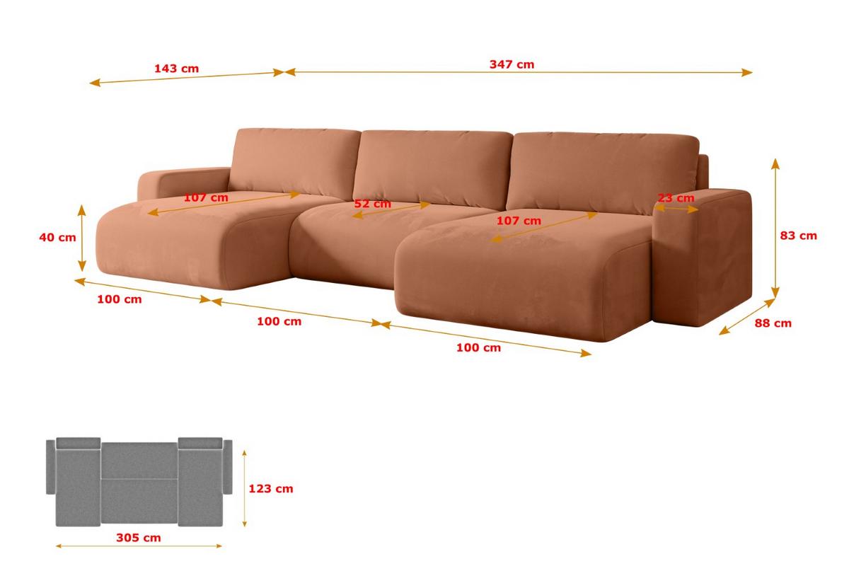 WOHNLANDSCHAFT mit Schlaffunktion und Bettkasten KLEEA-U - 347x143x83 cm Koralle Velours - Koralle/Schwarz, Holzwerkstoff/Kunststoff (347/83/143cm) - ALTDECOR