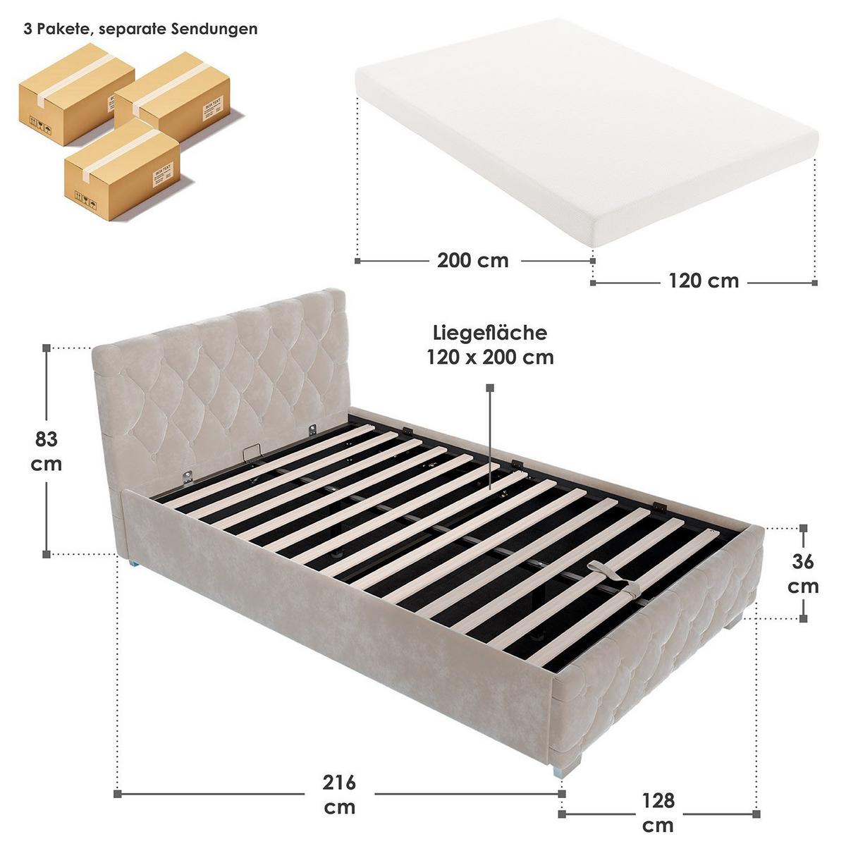 POLSTERBETT Nizza Beige 120x200 cm mit Matratze - Beige, Holz (120/200cm) - Juskys