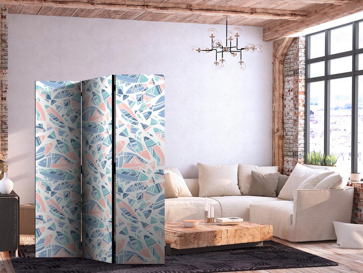 PARAVENT Akustik 3-tlg 135x172 cm Fische im Boho Stil - Multicolor, Holz/Textil (135/172/3cm) - Muralo