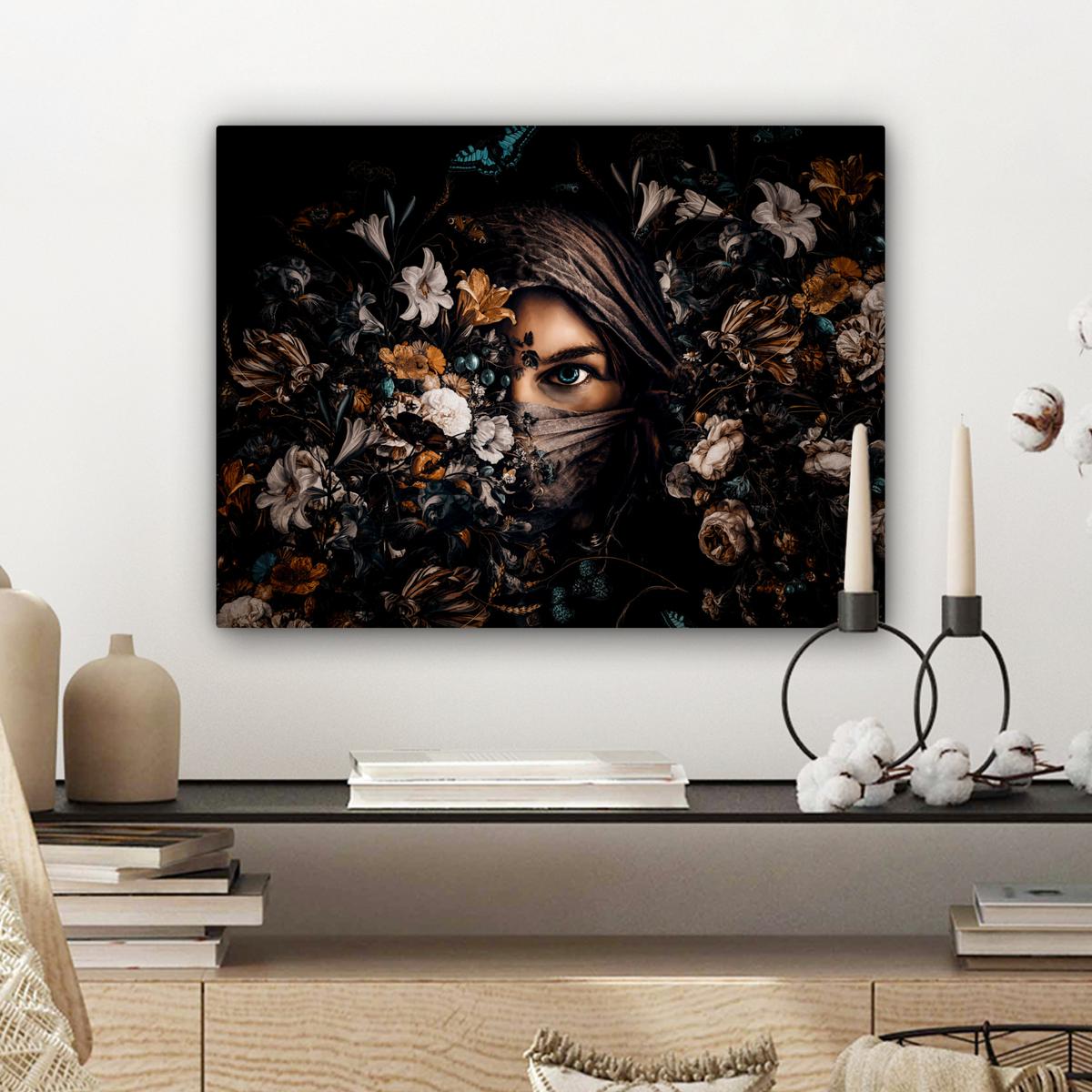 LEINWANDBILD Frau - Luxus - Blumen - Schmetterling - Porträt Wandbild 40x30 cm - Schwarz, Textil (40/30cm) - MuchoWow