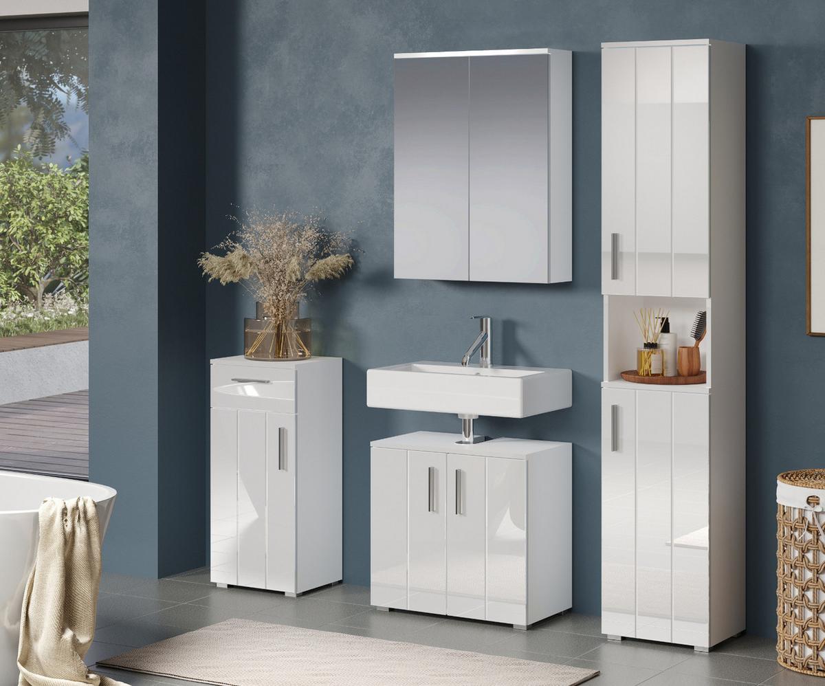 BADMÖBEL-SET weiß Hochglanz 4-teilig 164 x 192 cm, moderne Badezimmer-Schränke - Weiß Hochglanz/Silberfarben, Holzwerkstoff/Kunststoff (164/192/32cm) - Top.Furn