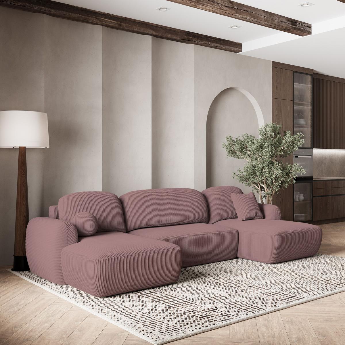 WOHNLANDSCHAFT SAVONA P Lila Kordstoff mit Schlaffunktion - Lila/Schwarz, Holz/Kunststoff (320/90/148cm) - MASSENO