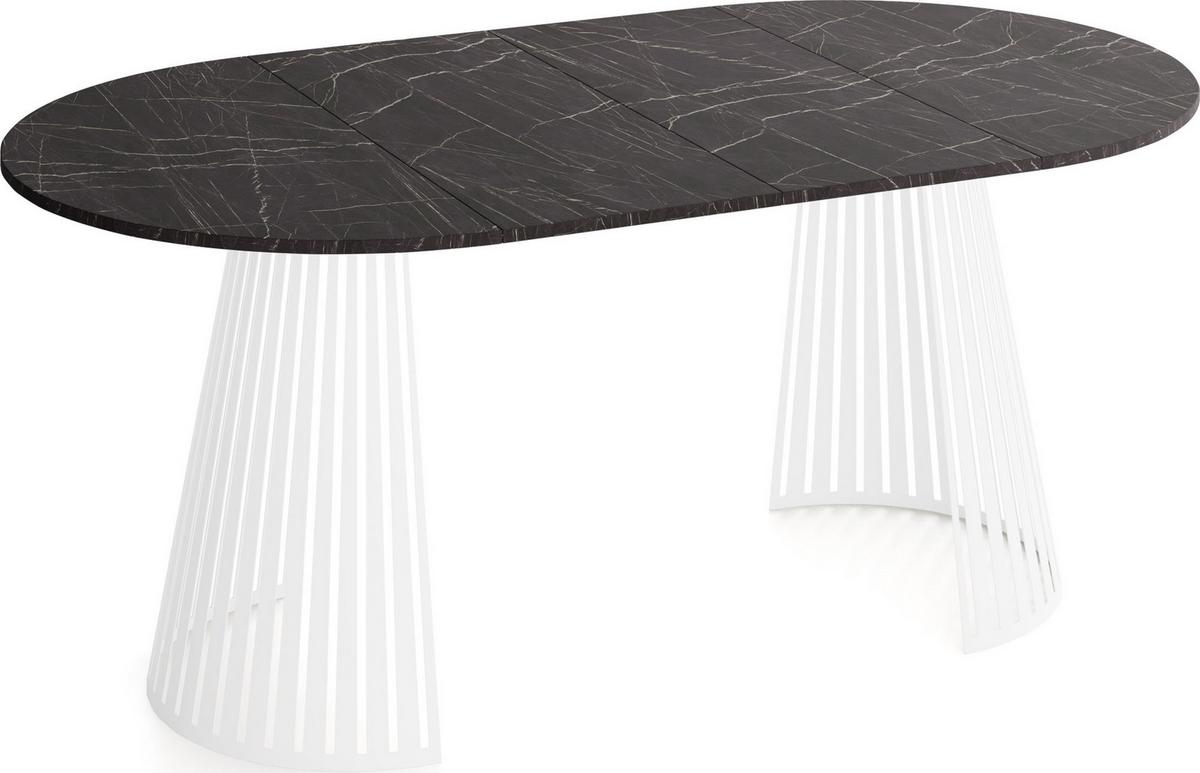 ESSTISCH Naro rund ausziehbar mit Weißem Lamellen-Metallgestell, Marmor Schwarz 120-200/120/76 cm - Anthrazit/Weiß, Holzwerkstoff/Metall (120/196/76cm) - WFL GROUP