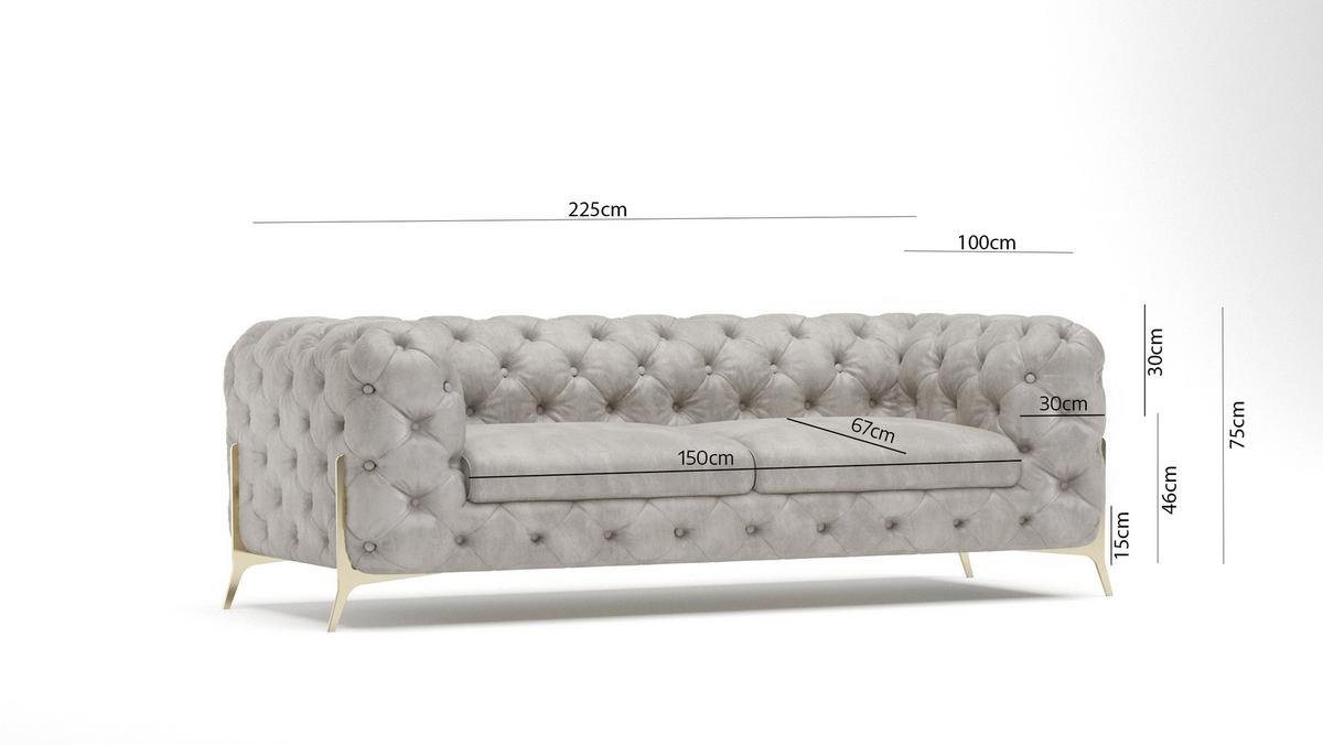 CHESTERFIELD-SOFA 3-Sitzer Vertex Grau Samt - Goldfarben/Grau, Holz/Textil (225/75/100cm) - S-Style Möbel