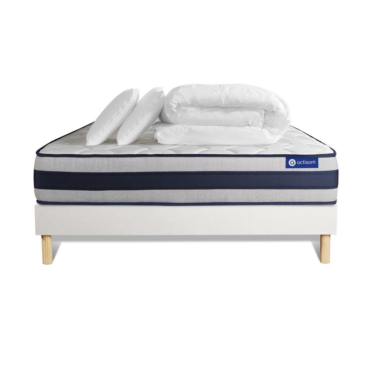BETT Actiflex ergo Taschenfederkern und Memory-Schaum 160 x 200 cm h4 - Kit Bettgestell Weiß - Mit Kissen und Bettdecke - Beige/Weiß, Karton/Holz (160/200cm) - ACTISOM