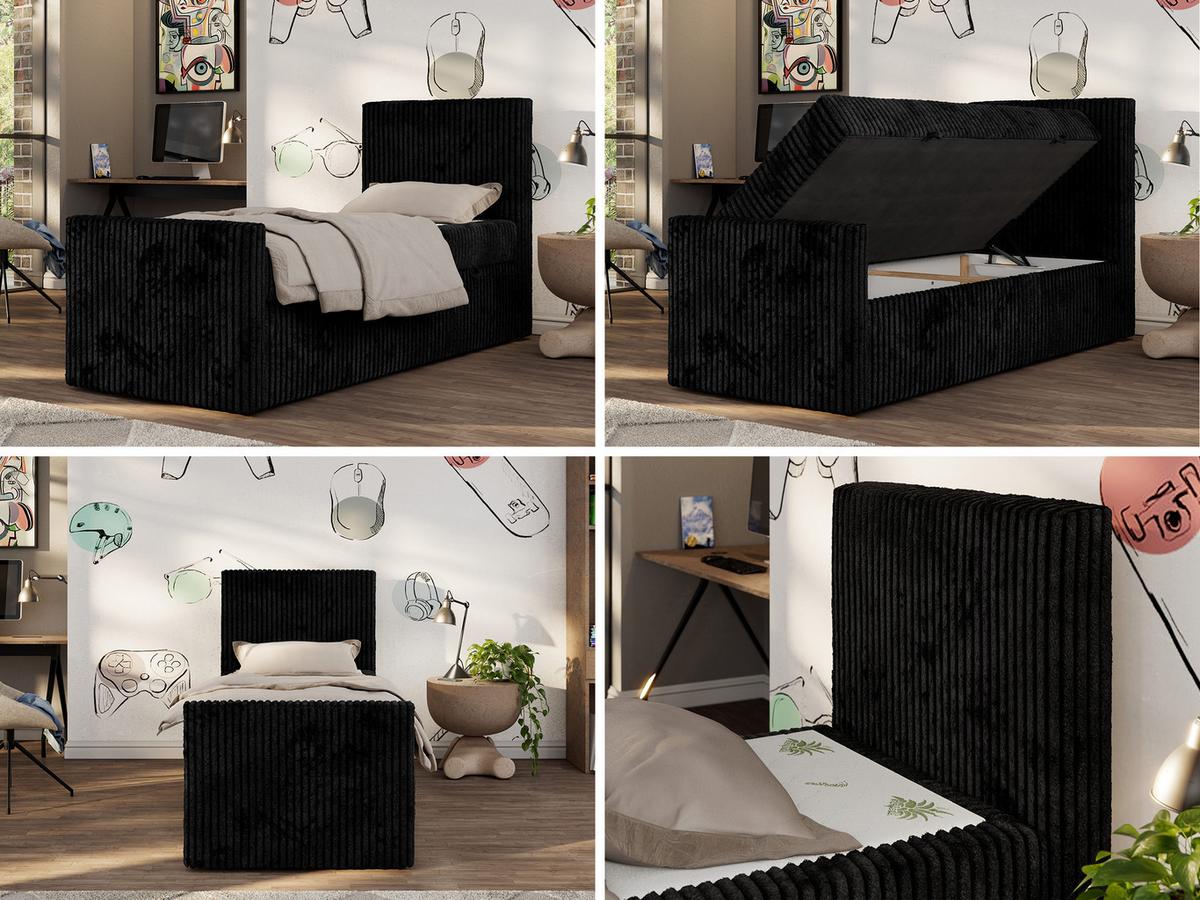 JUGENDBETT TILIO DUO 90/200 - Schwarz Cord - H3 - Rechts Seite - Schwarz, Textil (90/200cm) - MKS