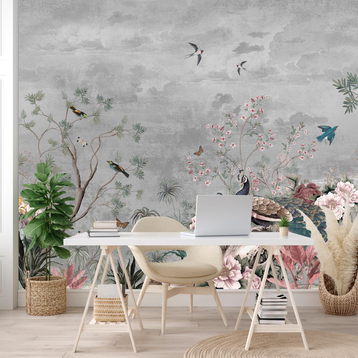 FOTOTAPETE für Büro Pfauen Vögel Pflanzen Bäume Tropische Blumen 300x210 - Multicolor, Papier (300/210cm) - Muralo