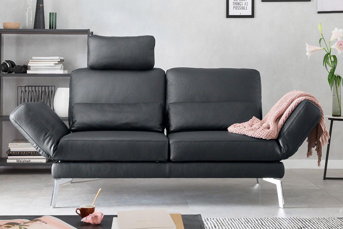 LEDERSOFA HURRICANE Schwarz Leder - Silberfarben/Schwarz, Leder (170/87/141cm) - KAWOLA