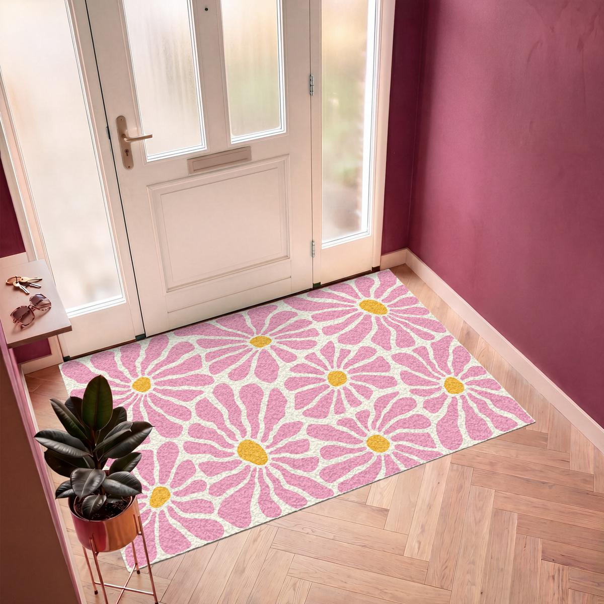 FUSSMATTE Blumen - Muster - Rosa - Beige - Orange Sauberlaufmatte 180x120 cm - Rosa, Kunststoff (180/0.4cm) - MuchoWow