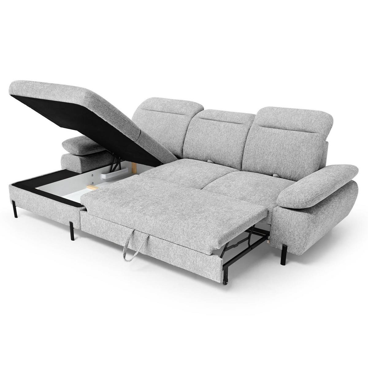 ECKSCHLAFSOFA Sora Mini mit verstellbaren Kopfstützen und Schlaffunktion, Chenille-Stoff, Hellgrau, Links - Hellgrau/Schwarz, Textil (285/190cm) - Beautysofa