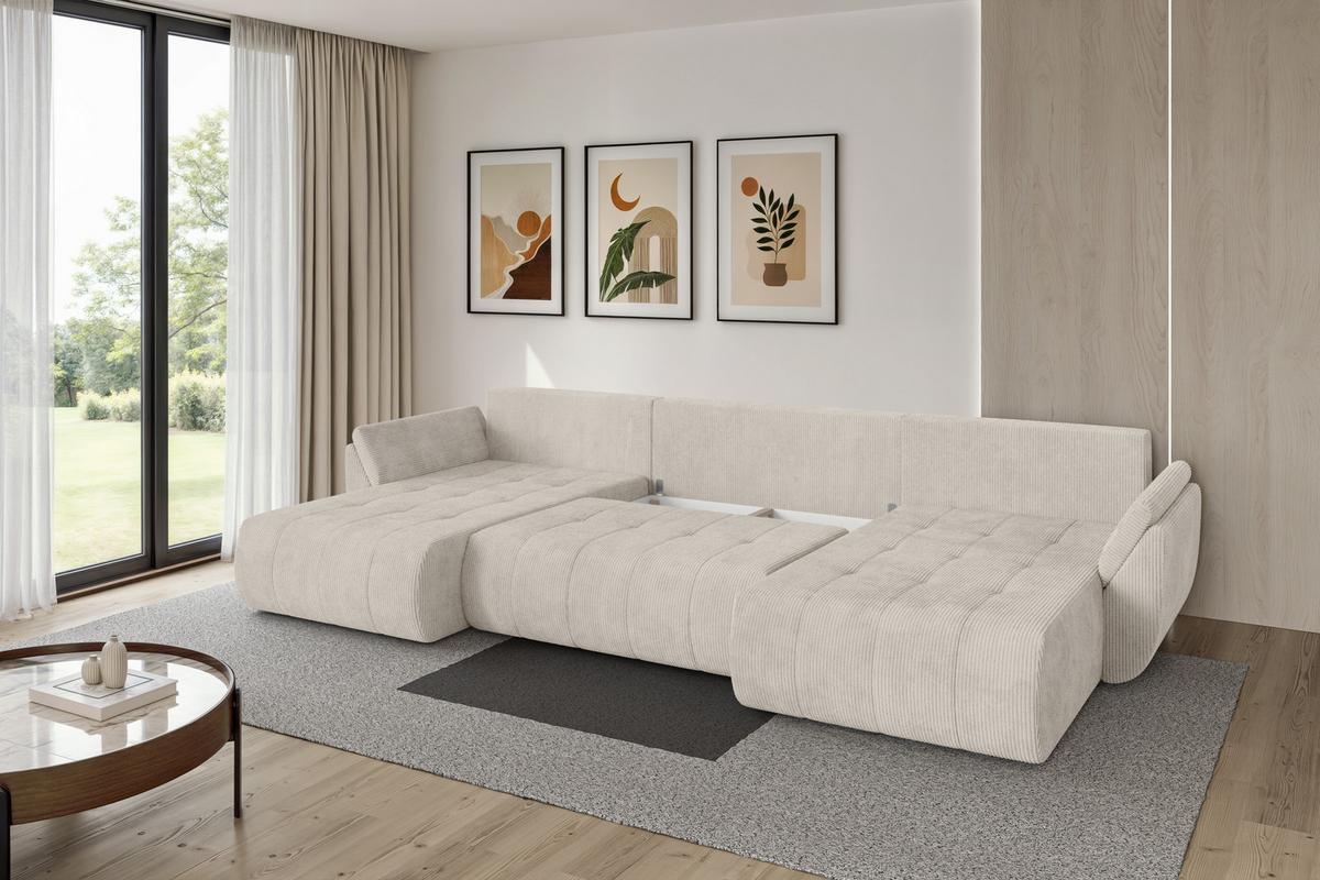 WOHNLANDSCHAFT mit Schlaffunktion und Bettkasten TOKO-U 378x194x86 Creme Cord - Ecru/Creme, Holzwerkstoff/Kunststoff (378/86/194cm) - ALTDECOR