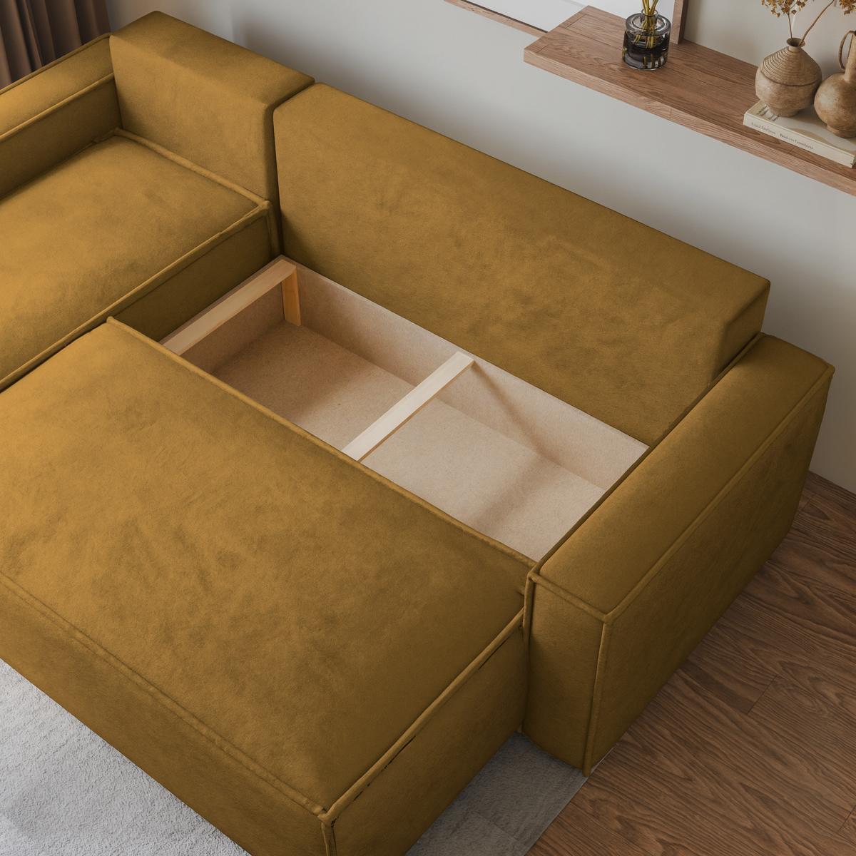ECKSOFA RAVELO M Gelb Velours-Stoff mit Schlaffunktion - Gelb/Grau, Holz/Kunststoff (240/140cm) - MASSENO