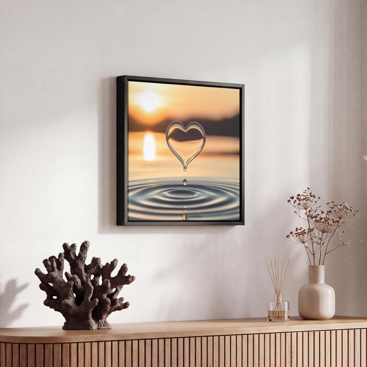 LEINWAND Bilder mit Rahmen - Herz - Wasser - Sonnenuntergang - Natur - Zen - 20x20 - Bernsteinfarben, Textil (20/20cm) - MuchoWow
