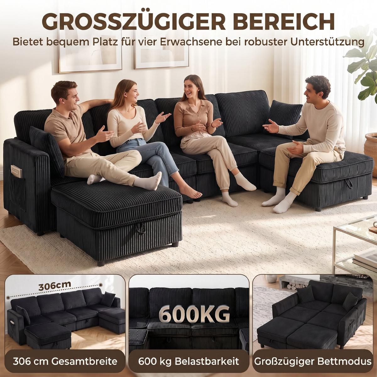 ECKSOFA Cord Dunkelgrau - Dunkelgrau/Schwarz, Kunststoff/Textil (153/306cm) - HOMCOM
