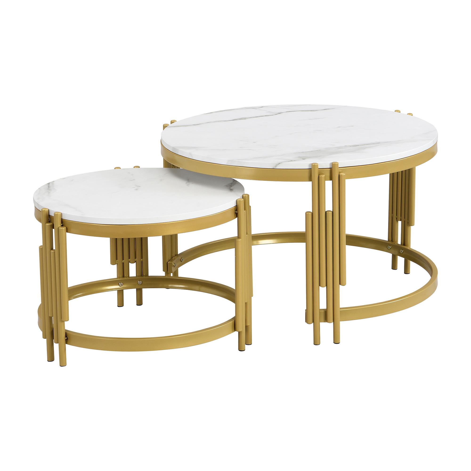 SATZTISCHE Runde in Marmor-Optik Weiß & Gold - Schwarz, Holzwerkstoff (72/71/44cm) - Urban Meuble