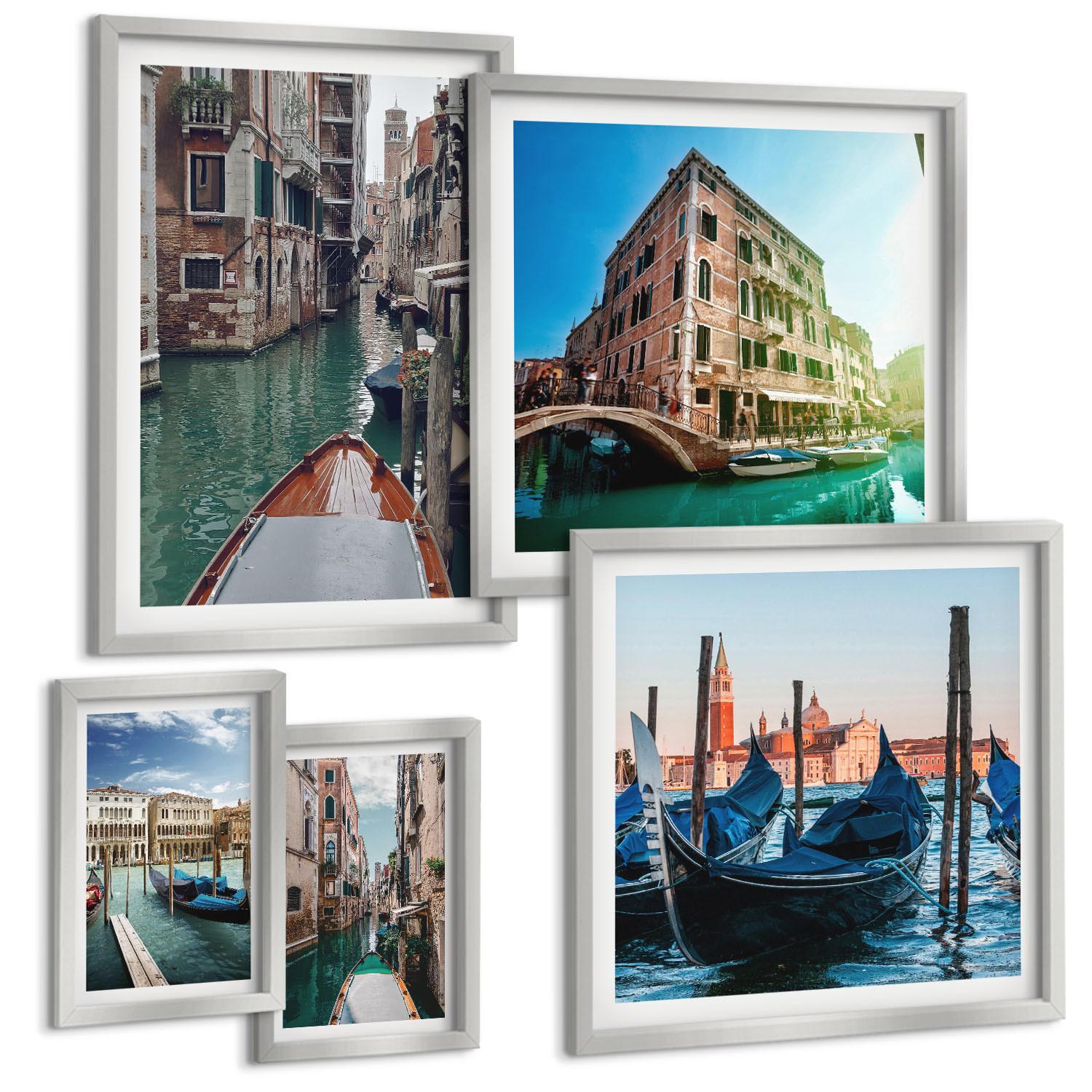 BILDER SET 5er Set - 50x50 cm & 20x30 cm & 40x60 cm Silberner Rahmen - Küchenutensilienmuster Blätter - Silberfarben, Kunststoff (40/60cm) - TULUP