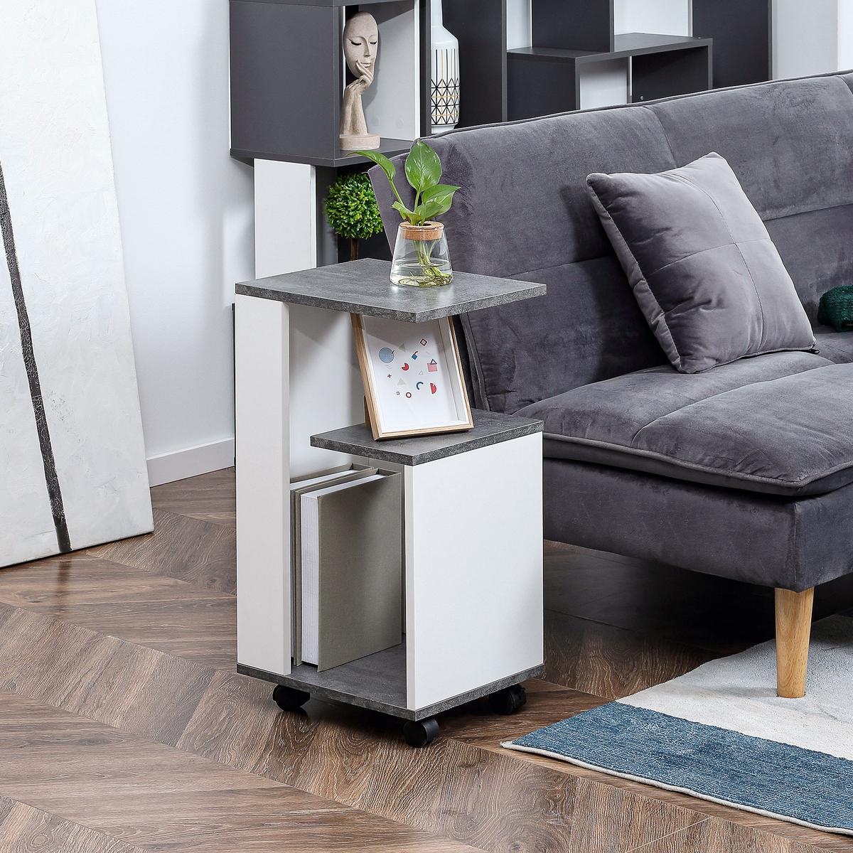 NACHTTISCH mit 360°-Rollen in modernem Design 3 Regale bis 10 kg Weiß - Weiß/Grau, Metall (29.5/65.5/35cm) - HOMCOM