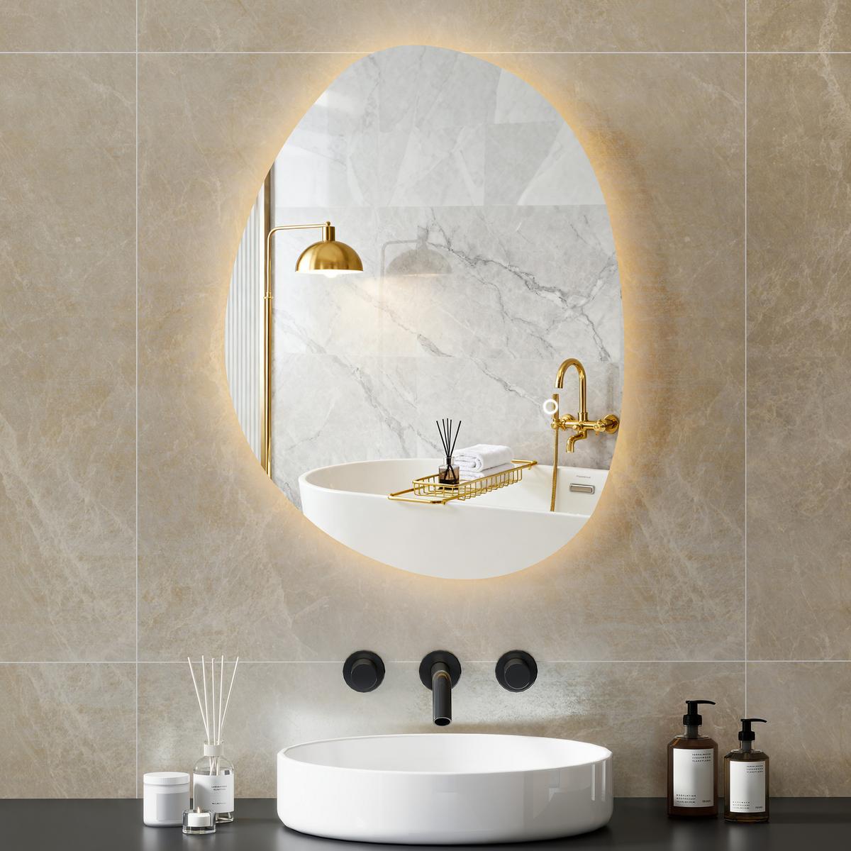 70 x 50 cm Asymmetrischer Badspiegel mit LED-Licht, Anti-Beschlag-Funktion - Silberfarben, Glas (50/70/5cm) - HOMCOM