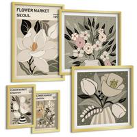 BILDER SET 5er Set - 50x50 cm & 20x30 cm & 40x60 cm Goldrahmen - Retro-Blumen aus Städten rund um die Welt - Goldfarben, Kunststoff (40/60cm) - TULUP