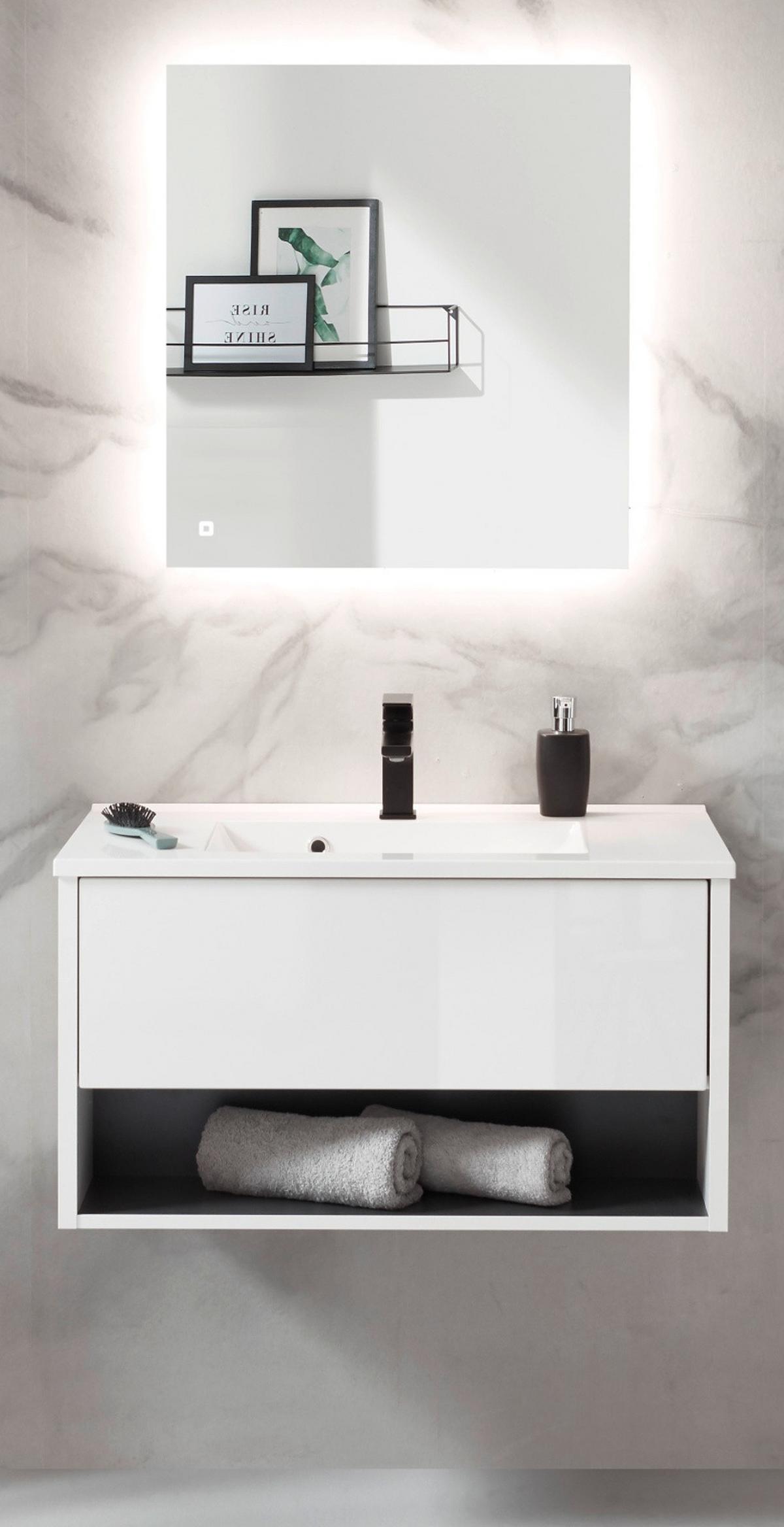 BADMÖBEL-SET weiß Hochglanz, grau, Badezimmerschränke mit Waschbecken und LED Beleuchtung 80 cm - Weiß Hochglanz/Grau, Glas/Holzwerkstoff (80/190/47cm) - Furn.Design