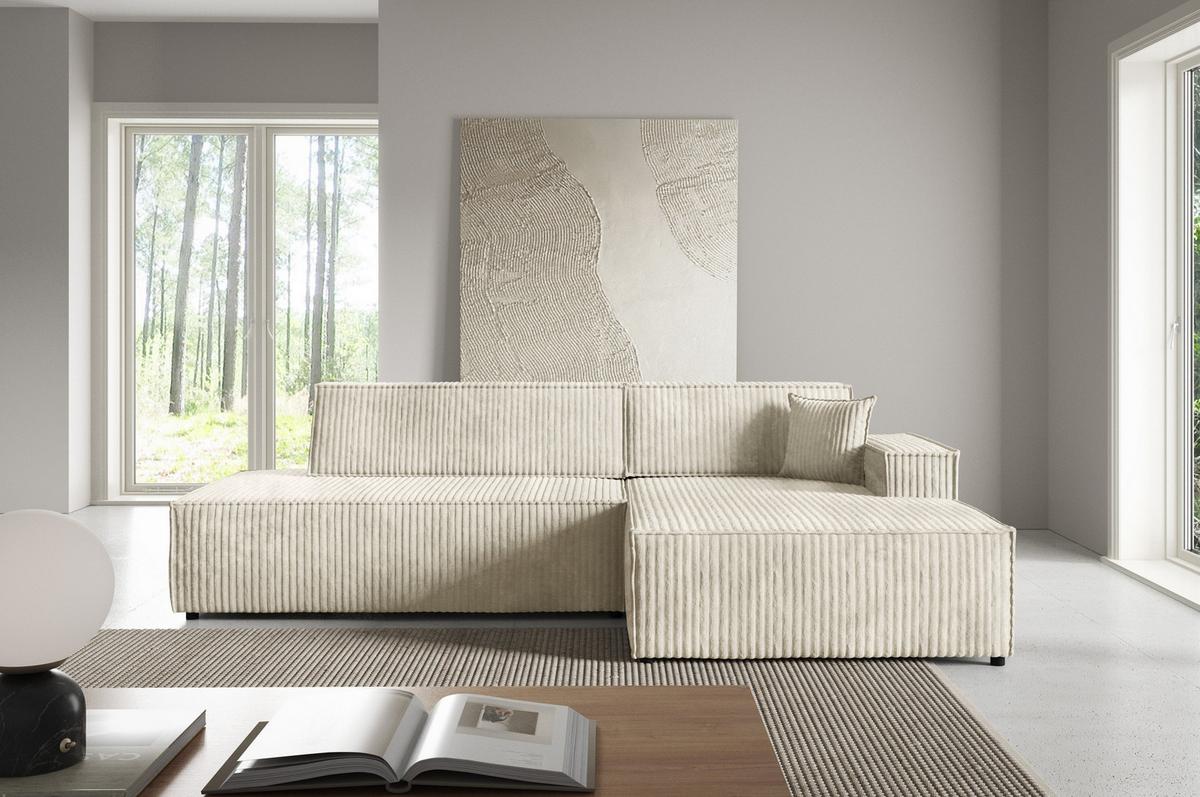 ECKSOFA TESSO R-S Creme Kordstoff mit Schlaffunktion - Champagner, Holz (247/170cm) - MASSENO