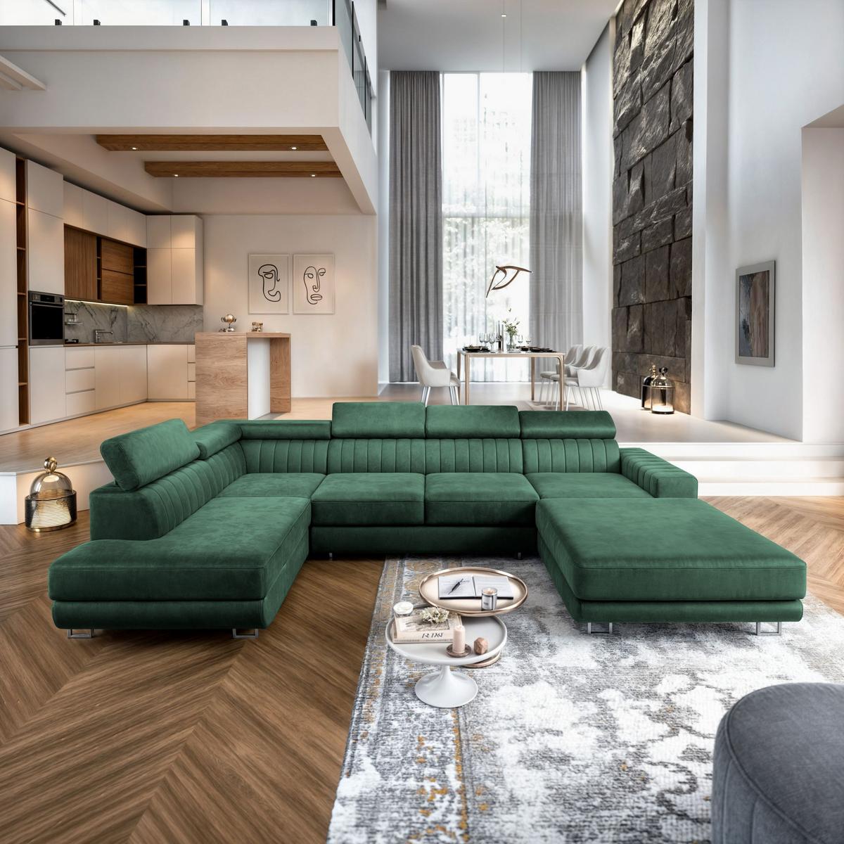 WOHNLANDSCHAFT SIENA L-S Grün Velours-Stoff mit Schlaffunktion - Silberfarben/Grün, Holz/Textil (335/89/190cm) - MASSENO