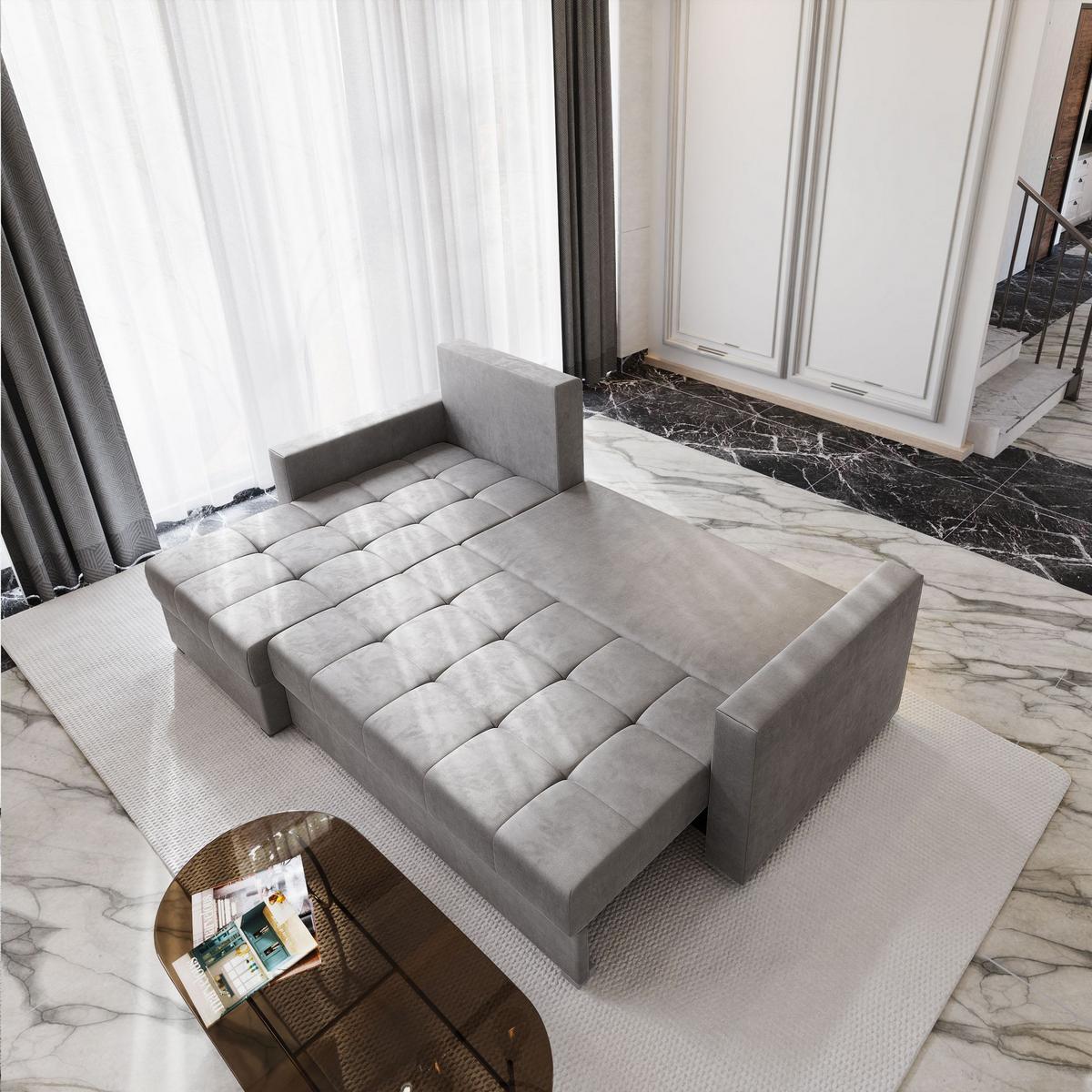 ECKSOFA KOS PIK M Creme Velours-Stoff mit Schlaffunktion - Creme/Grau, Holz/Kunststoff (220/140cm) - MASSENO