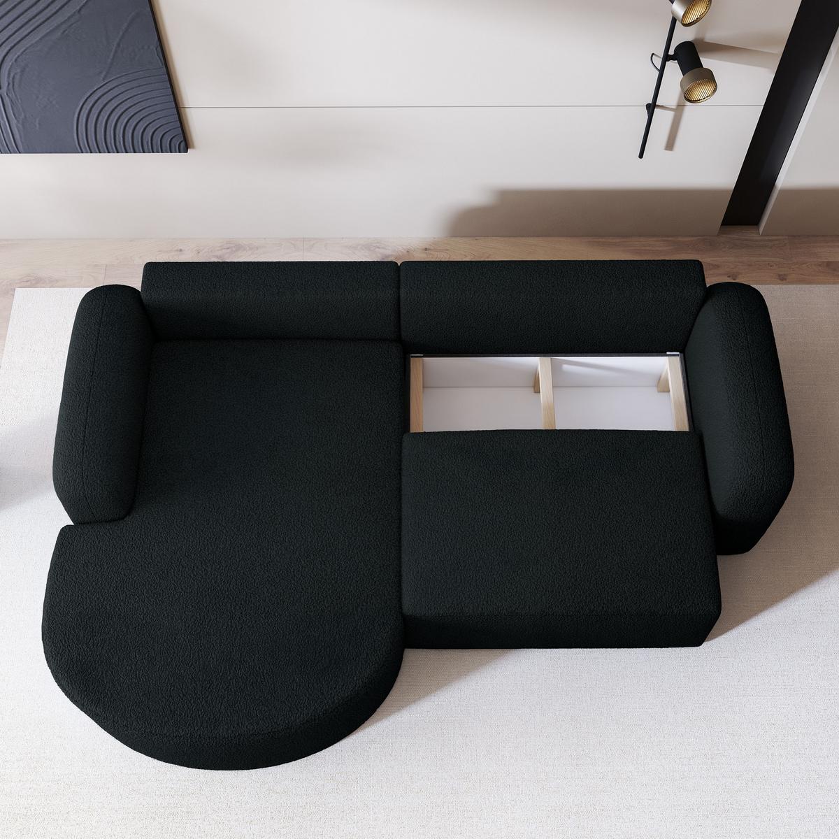 ECKSOFA AMILIA L-S Schwarz Boucle-Stoff mit Schlaffunktion - Schwarz, Holz (263/174cm) - MASSENO
