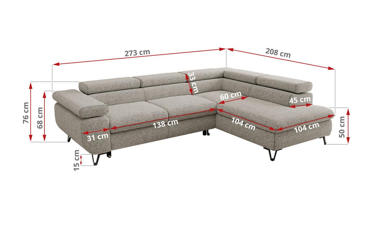 ECKSOFA PABLO L Hellgrau Struktur - Rechts Seite - Hellgrau/Schwarz, Textil/Metall (273/208cm) - MKS