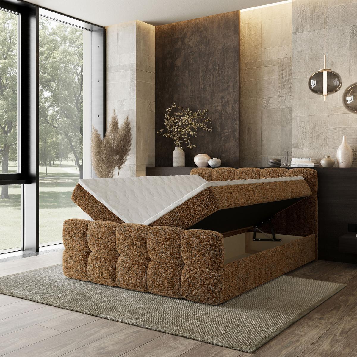 BOXBETT BRUME 160x200 cm mit Matratze und Topper, H2+H3 - Braun - Braun, Holz (160/200cm) - MASSENO