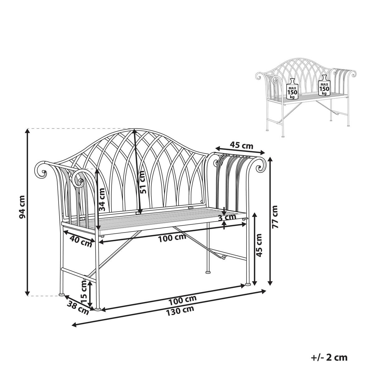GARTENBANK Metall weiß 130 cm Milazzo - Weiß, Metall (130/94/45cm) - Beliani