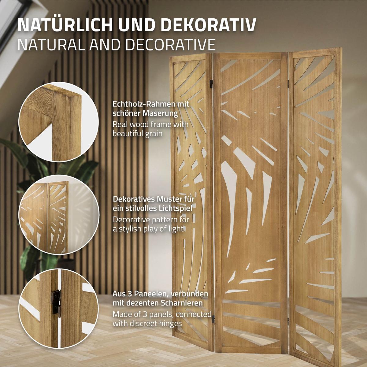 PARAVENT 3 teilig Sapporo 170x121 cm Natur aus Holz - Braun, Holz (121/170/2cm) - ML-DESIGN