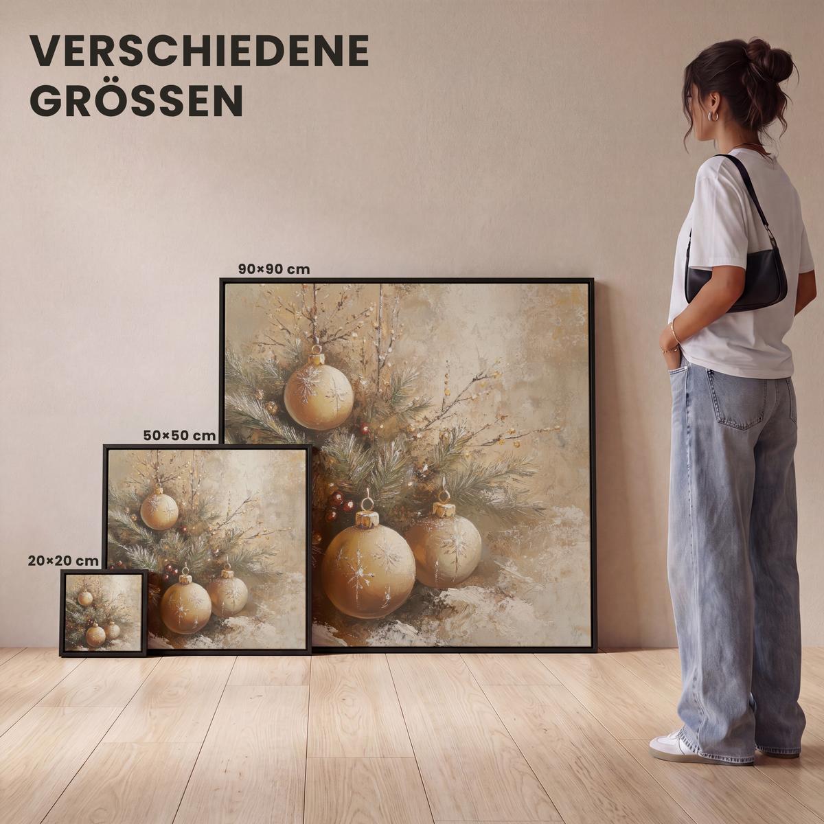 LEINWAND Bilder mit Rahmen - Weihnachten - Kugeln - Beige - Gold - 50x50 - Goldfarben, Textil (50/50cm) - MuchoWow
