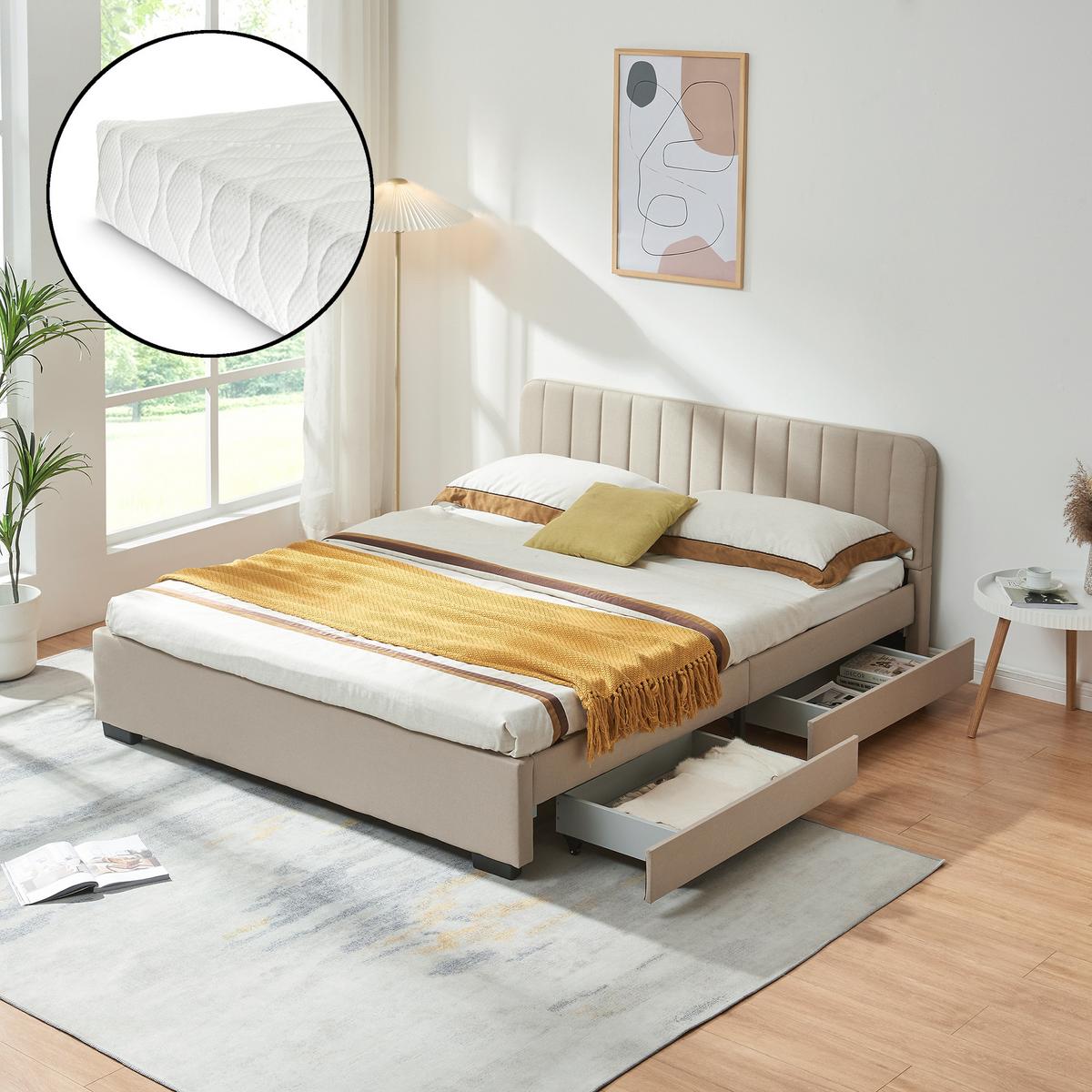 POLSTERBETT Nofrenna mit Matratze - Beige/Schwarz, Holzwerkstoff/Kunststoff (160/200cm) - [en.casa]