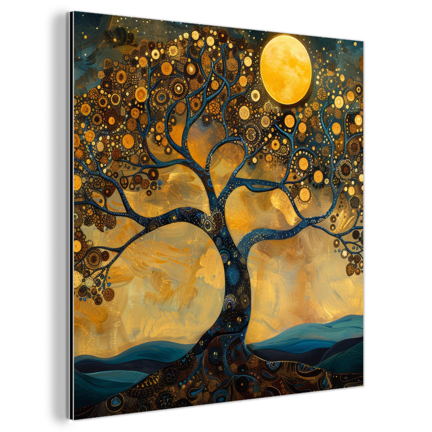 METALLBILD Baum - Mond - Blumen - Gold - Kunst 90x90 cm - Orange, Metall (90/90cm) - MuchoWow