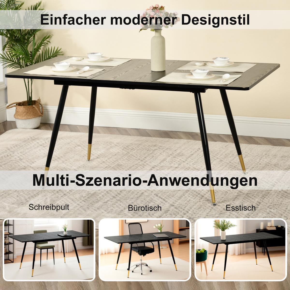 ESSTISCH Schwarz Marmormuster rechteckig ausziehbar 120-160/80/75cm - Schwarz, Holz/Metall (80/120/75cm) - Urban Meuble