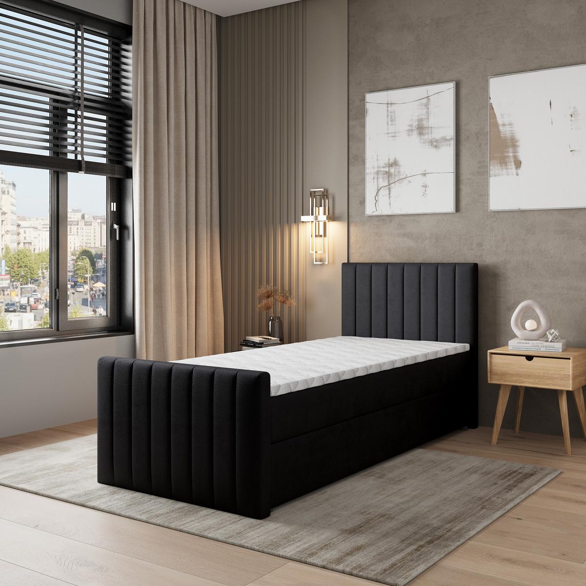 BOXBETT ARION 90 90x200 cm mit Matratze und Topper, H2+H3 - Schwarz - Schwarz, Holz (90/200cm) - MASSENO