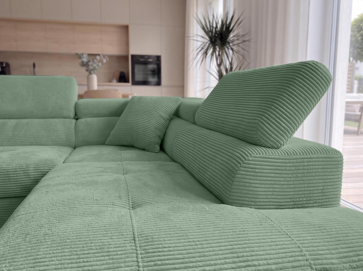 ECKSOFA L Form Konak Salbeigrün 276/201/90 cm Rechts mit Schlaffunktion - Salbeigrün/Silberfarben, Textil/Metall (276/203cm) - AX Living
