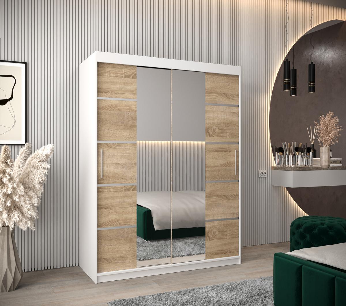 SCHWEBETÜRENSCHRANK 200/150/62 2-türig - Silberfarben/Weiß, Holz/Kunststoff (150/200/62cm) - MÖBEL KRYSPOL