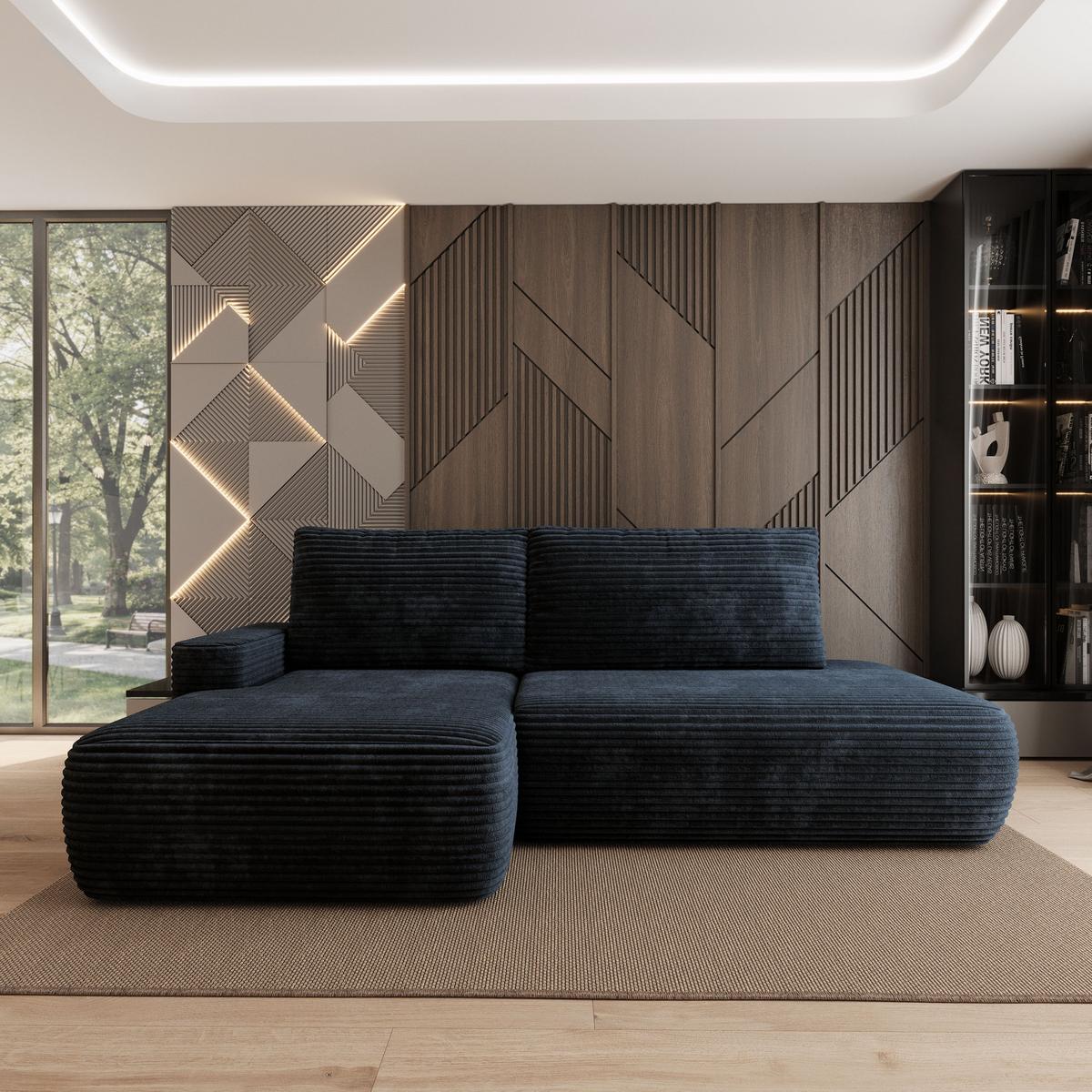 ECKSOFA AVINI T L-S Schwarz Kordstoff mit Schlaffunktion - Schwarz, Holzwerkstoff/Textil (277/160cm) - MASSENO