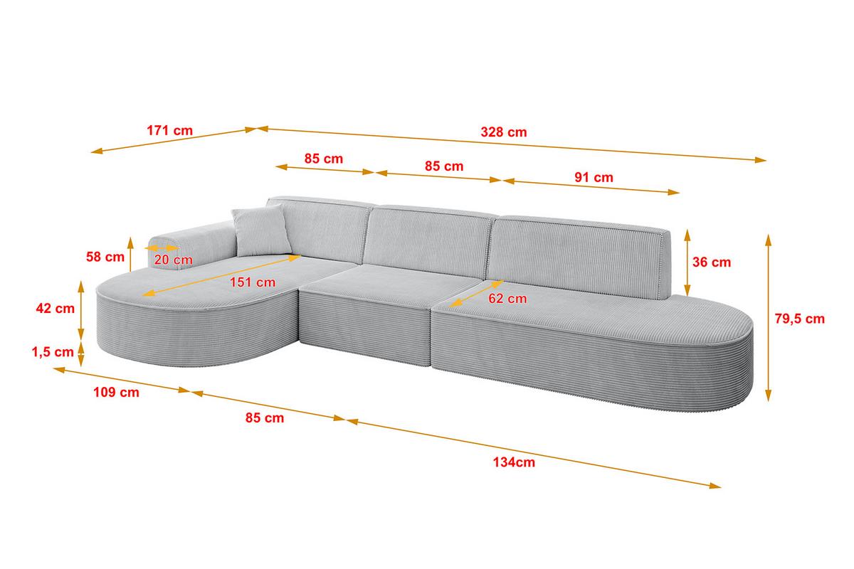 ECKSOFA Ottomane Links MARI-L2 - 328x171x79 cm Grau Cord - Schwarz/Grau, Holzwerkstoff/Kunststoff (171/321cm) - ALTDECOR