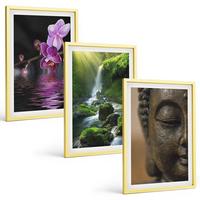BILDER SET 3er Set - 40x60 cm Goldrahmen - Blumen, Wasserfall, Buddha-Felsen, Zen - Goldfarben, Kunststoff (40/60cm) - TULUP