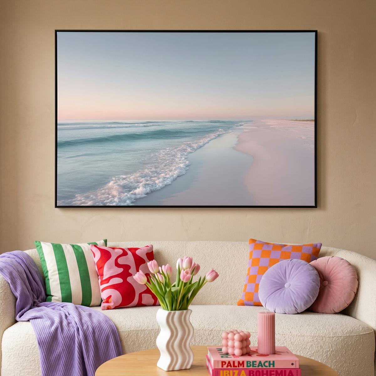 LEINWAND Bilder mit Rahmen - Küstenlinie - Pastell - Wasser - 120x80 - Pastellblau, Textil (120/80cm) - MuchoWow