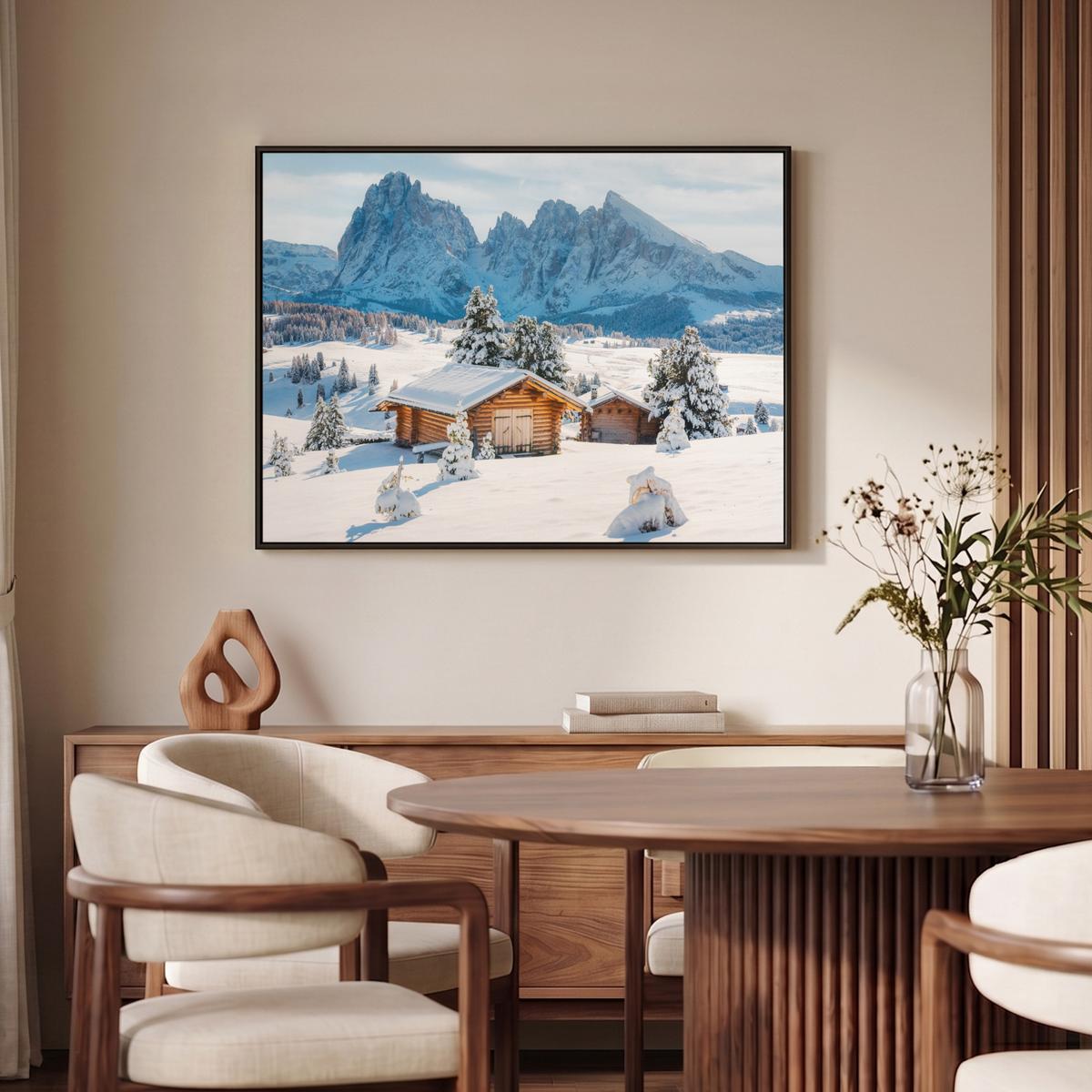 LEINWAND Bilder mit Rahmen - Winter - Hütte - Berge - Aussicht - Schnee - 100x70 - Eichefarben, Textil (100/70cm) - MuchoWow