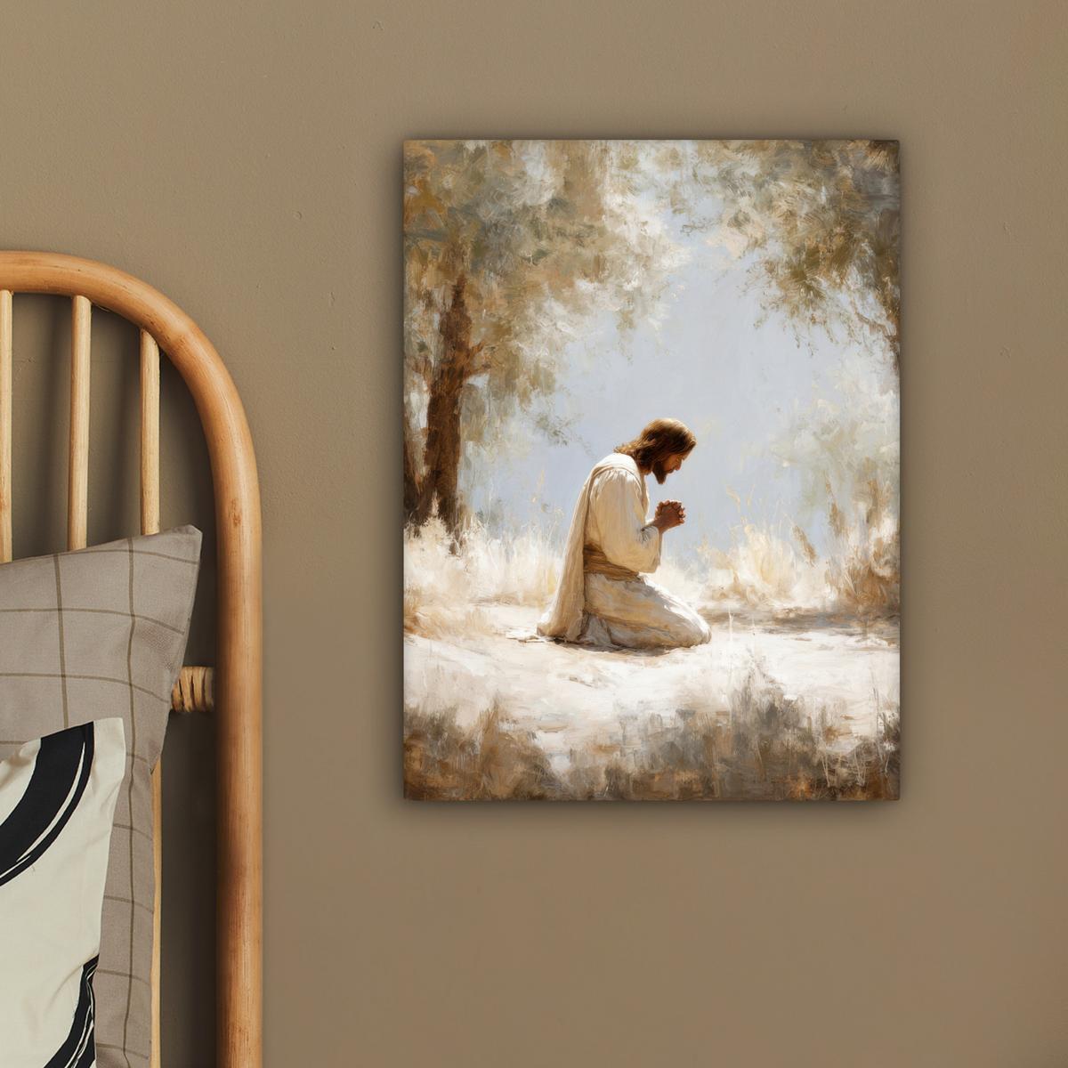 LEINWANDBILD Jesus - Kniend - Waldlandschaft - Betend Room Decor 30x40 cm - Beige/Hellblau, Textil (30/40cm) - MuchoWow