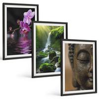 BILDER SET 3er Set - 40x60 cm Schwarzer Rahmen - Blumen, Wasserfall, Buddha-Felsen, Zen - Schwarz, Kunststoff (40/60cm) - TULUP