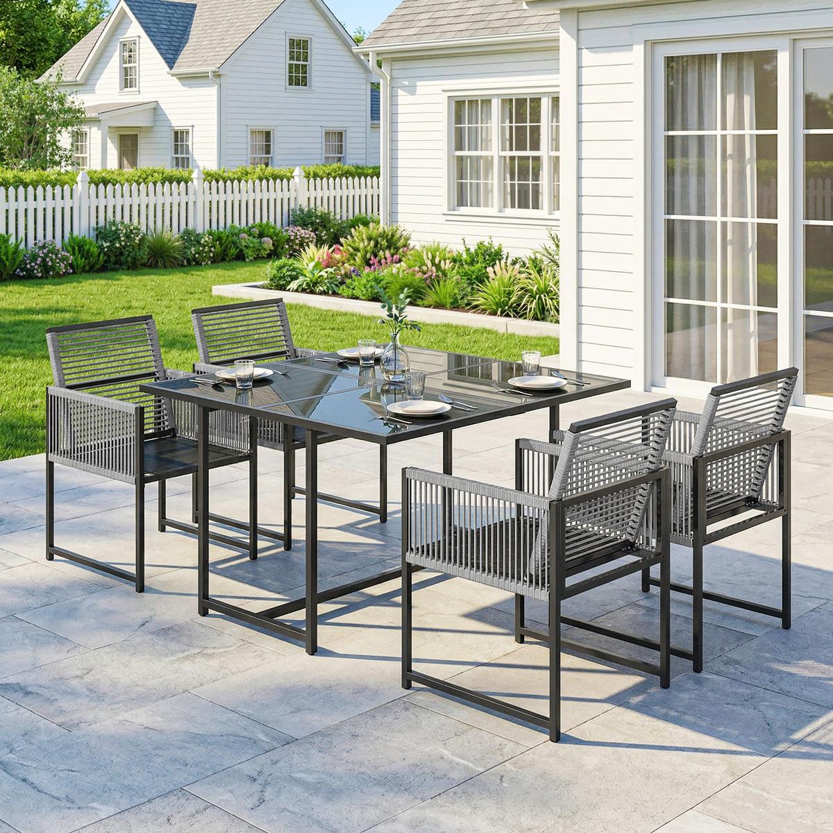 OUTDOOR-ESSGRUPPE 5er Set Stahl Netzstoff Hellgrau - Hellgrau/Schwarz, Textil/Metall - Outsunny
