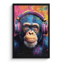 POSTER MIT RAHMEN Graffiti - Schimpanse - Straßenkunst - Kopfhörer - Affe Bilder mit Rahmen 40x60 cm - Blau, Papier (40/60cm) - MuchoWow
